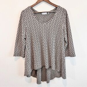 Habitat Textured Knit Tunic Top L Black Tan Geo Pattern 3/4 Sleeve High Low Hem